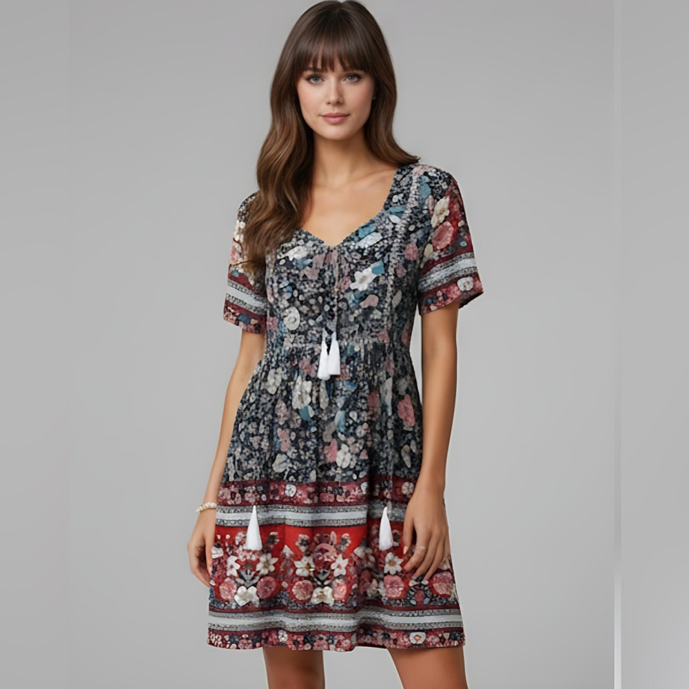 Boho Floral Print Button Front A-line Dress